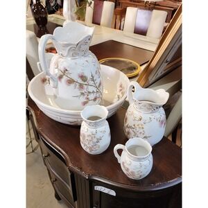 5 Pcs Antique J & M Co Ironstone with Flowers, Wash Set, Thistle Pattern 1870-90